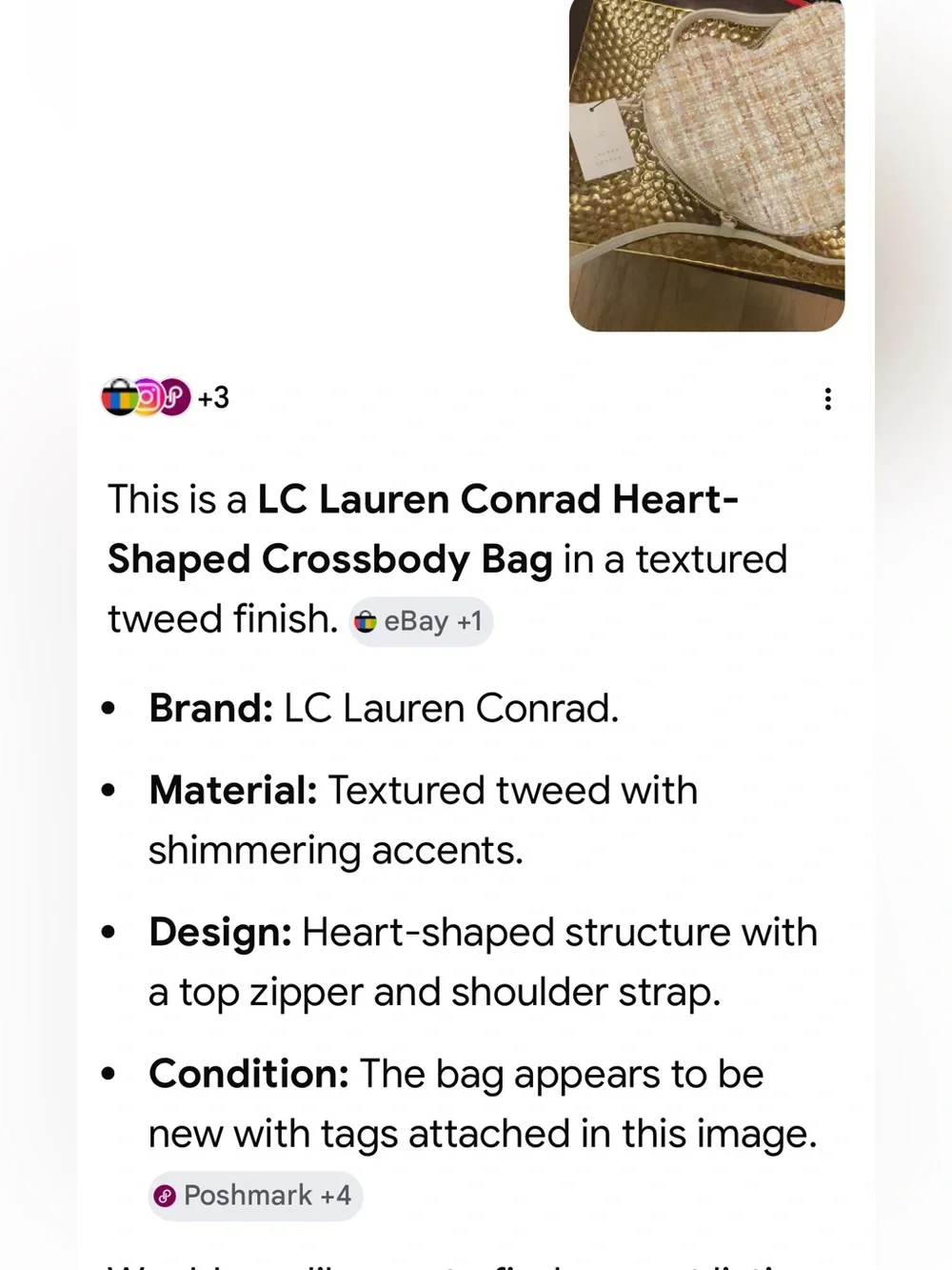 #2571**”7x9” Heart-Shaped Tweed Crossbody Bag in Beige